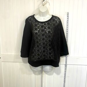 LOFT black 100% cotton top 3/4 sleeve with lace front & back zipper size L